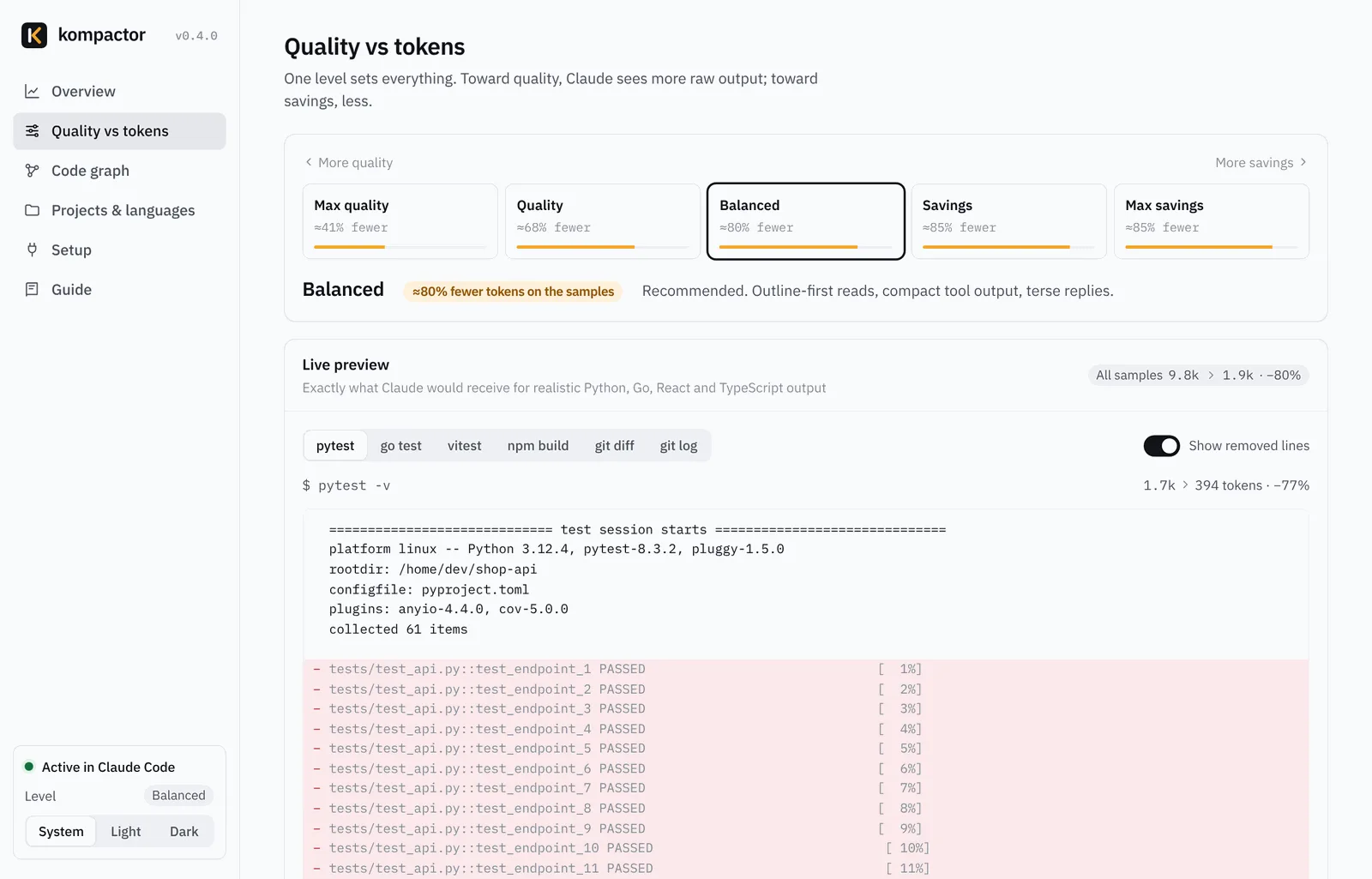 Kompactor dashboard, Quality vs tokens page: five levels from Max quality to Max savings, with a live preview of pytest output showing passing-test lines marked as removed